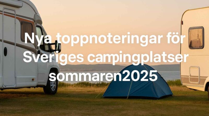 En solig svensk campingplats vid en sjö med husbil, husvagn och tält på gräset.
