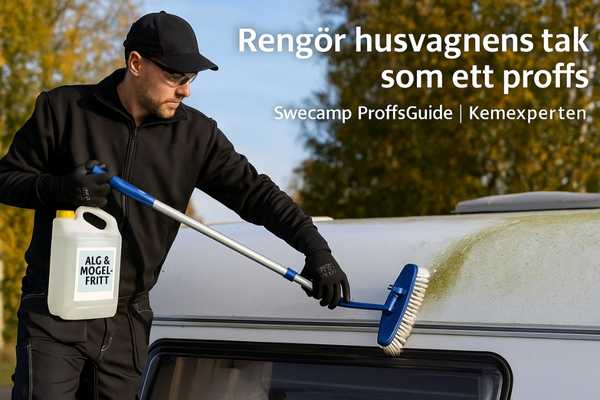 Verkstadspersonal rengör husvagnstak med algmedel i höstsol