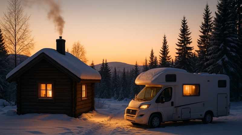 Vintercamping med stuga och husbil i snölandskap vid solnedgång.